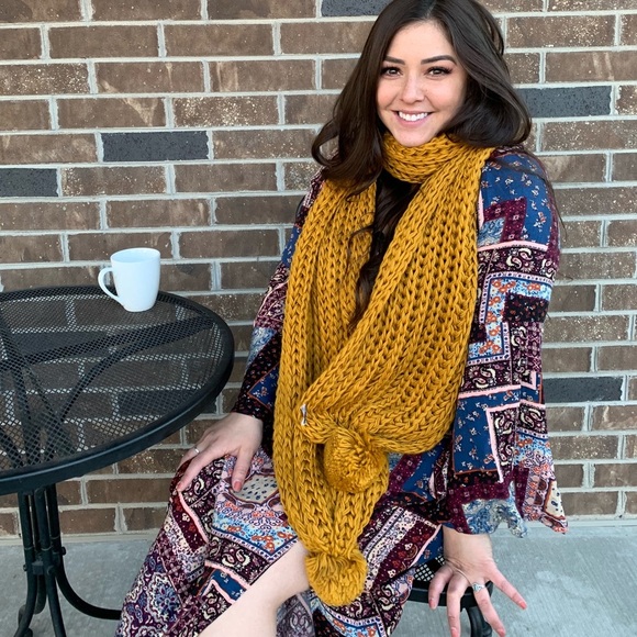 Love, Lacy Accessories - Cozy Mustard Pom Knit Scarf